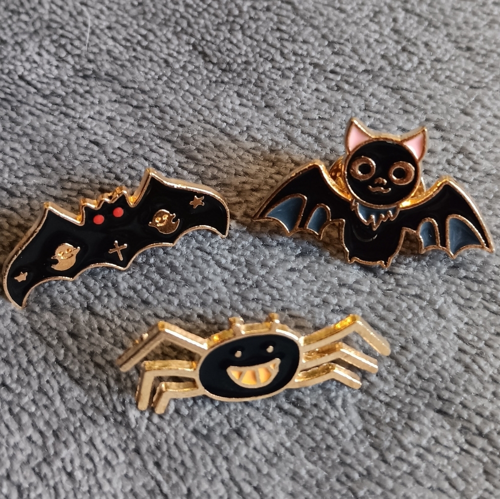Gothic Kawaii Happy Spider & Bat Friends Pin Lot, Adorable Witchy Brooch Set